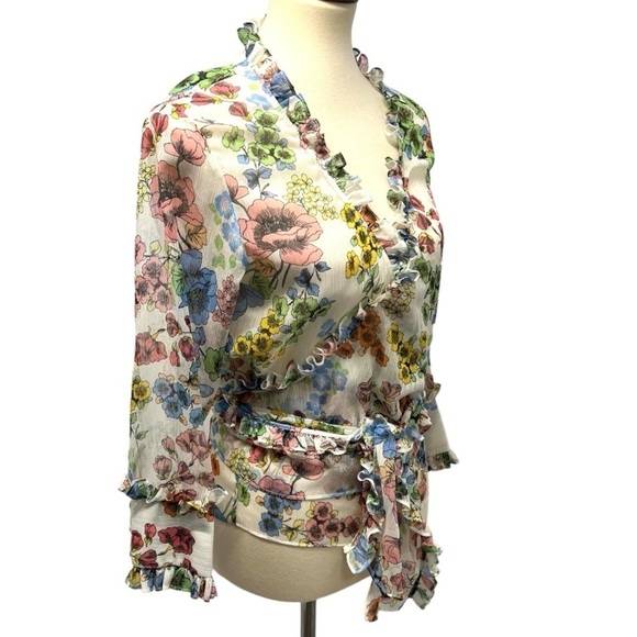 Alexis Missie Floral Sheer Long Sleeve Wrap Tie Top Women’s Small - Picture 5 of 13